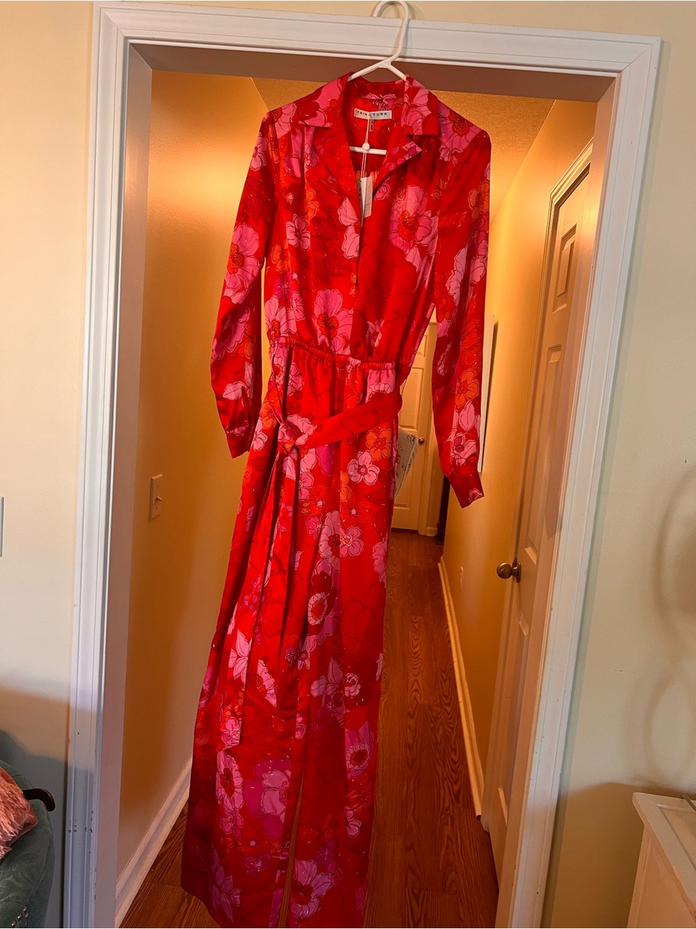 Trina Turk Red and Pink Floral jumpsuit with Tie Belt